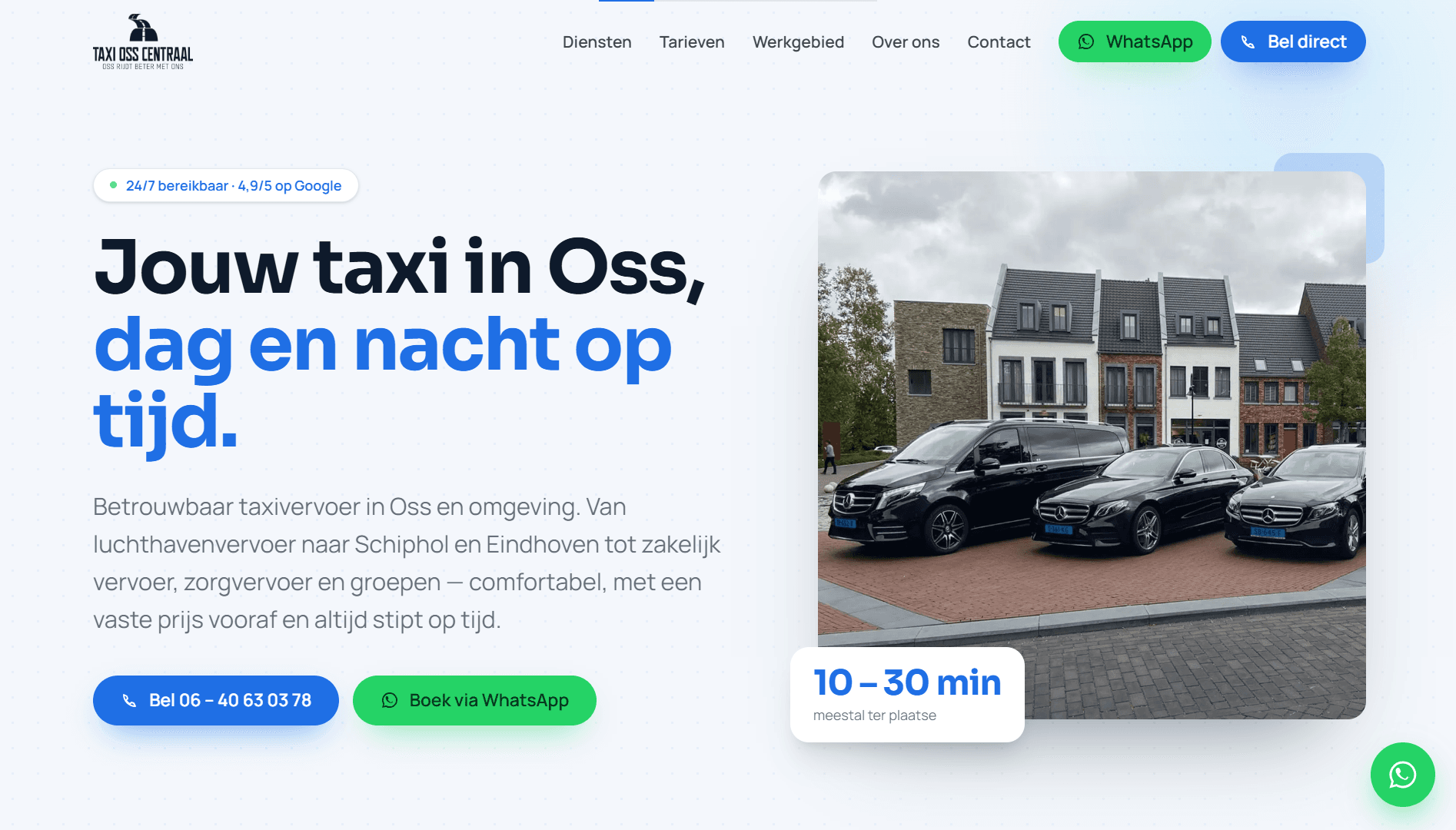 Homepage van Taxi Oss Centraal met de kop 'Jouw taxi in Oss, dag en nacht op tijd'