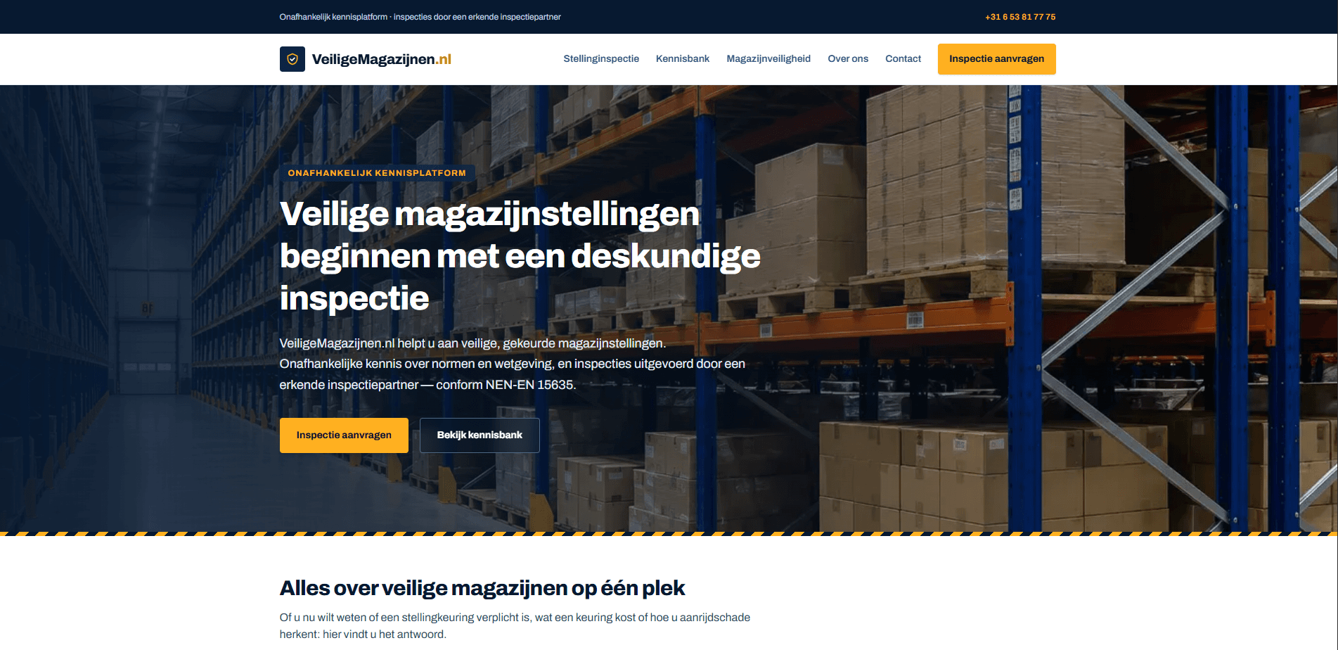 Homepage van VeiligeMagazijnen.nl met de kop 'Veilige magazijnstellingen beginnen met een deskundige inspectie'